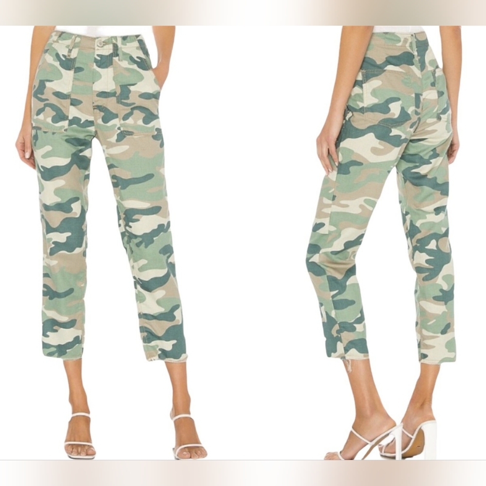MOTHER Camo Ankle Crop Pants in Green, Tan, Cream